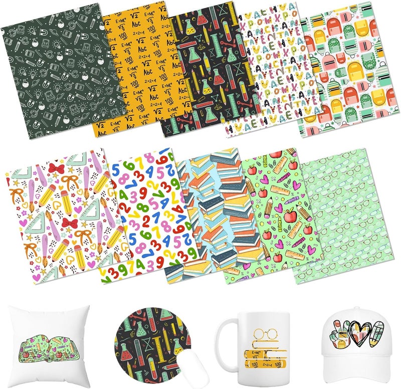 HTVSTD School Days Sublimation Ink Transfer Sheets 10 Sheets 12'' x 10'' Teacher Graphics Sublimation Paper Book,Bag,Alphabet Transfer Sheets for Mugs Tumblers DIY Transfer Paper - Image 1